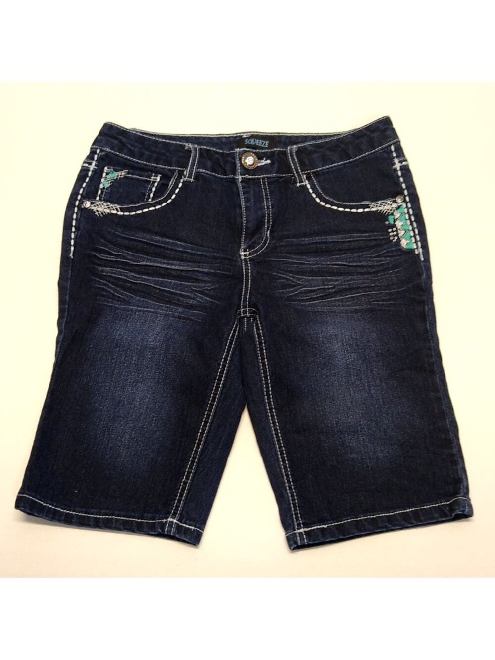 Squeeze Girls Denim Bermuda Shorts Size 14 Embroidered Details & Beaded Pockets